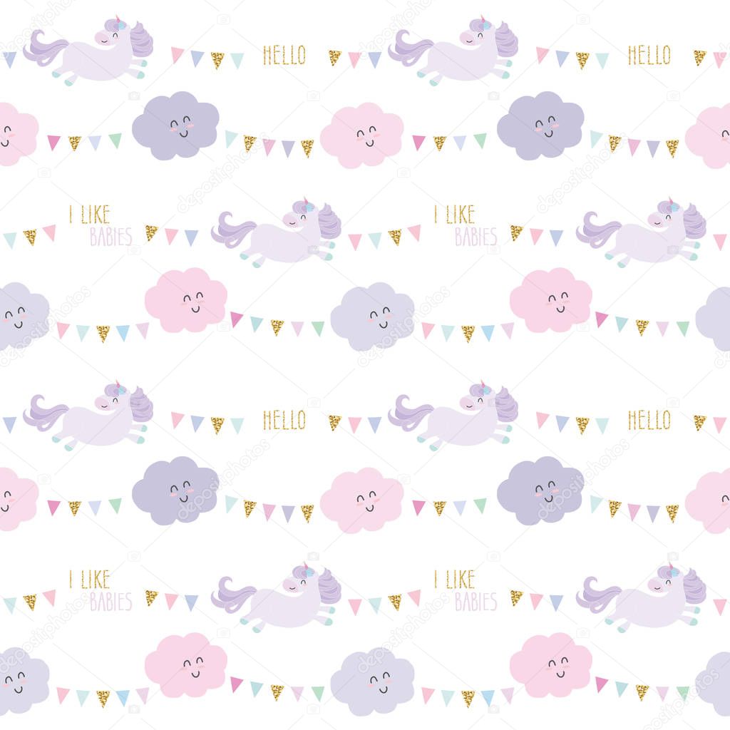 Unicorn birthday pattern background with bunting flags and clouds. Raster