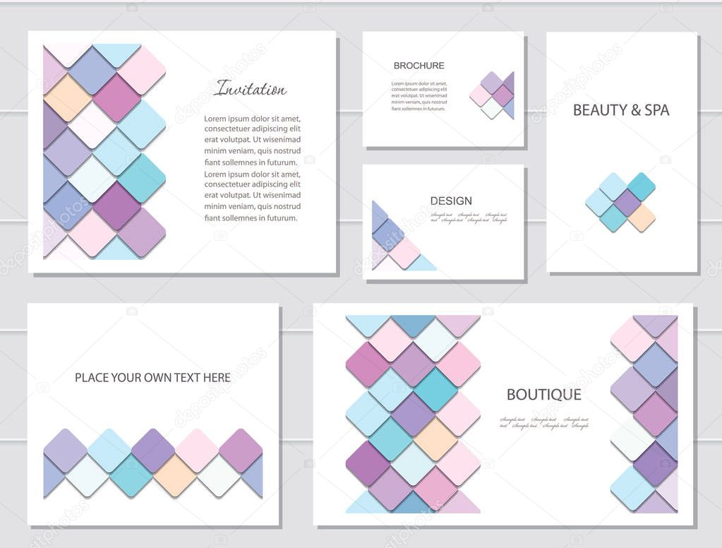 Brochures, flyers and business card templates set. Mosaic fancy pattern in different designs. Vector
