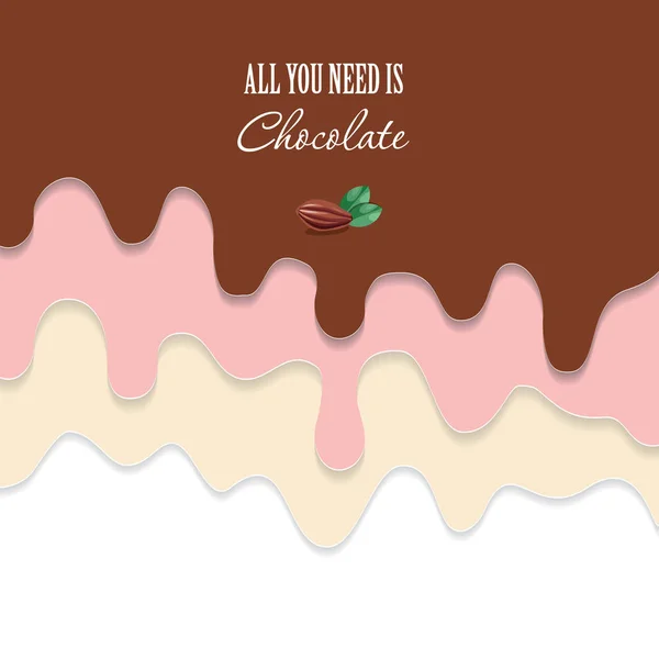 Chocolat fondu, fraise, fond vanille. 3d papier découpé couches . — Image vectorielle