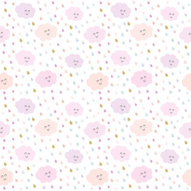 Kawaii bulutlar ve damla pastel pembe ve parlak arka plan desen. Sevimli çizgi film karakterleri. Raster Kopyala