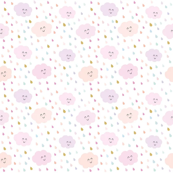 Kawaii Wolken Und Tropfen Muster Hintergrund Pastellrosa Und Glitzern Nette — Stockfoto