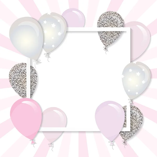 Balloons Paper Cut Out Square Frame Birthday Girl Baby Shower — Stock Vector