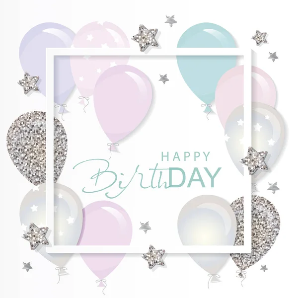 Balloons Paper Cut Out Frame Glitter Stars Birthday Holiday Card — Stock Vector