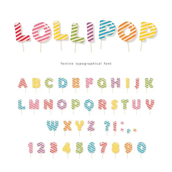 Lollipop snoep glanzende lettertype ontwerp. Kleurrijke Abc letters en cijfers. Snoepjes voor meisjes. — Stockvector
