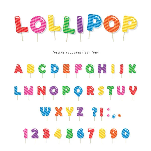 Lollipop candy design de fonte brilhante. Letras e números ABC coloridos. Doces para meninas . — Vetor de Stock