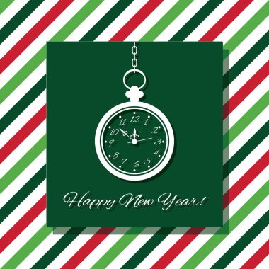 Mutlu yeni yıl tebrik kartı saati geleneksel Noel renklerde sökülen arka plan üzerinde olan.