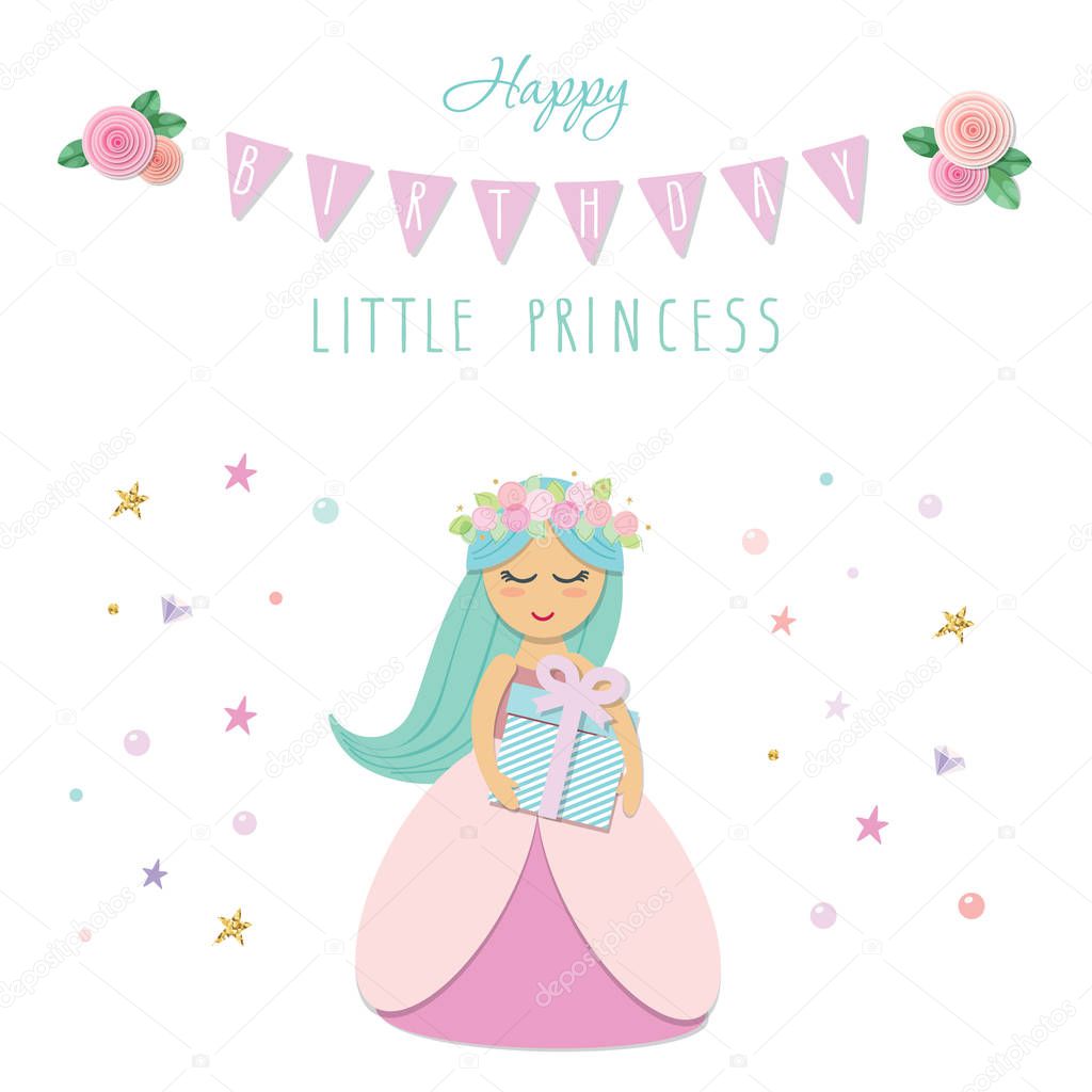 Cute little princess birthday card template. Vector illustration.