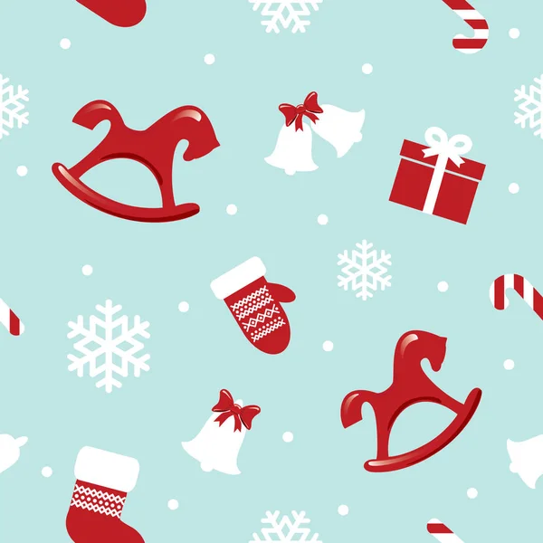 Patrón sin costuras de Navidad y Año Nuevo con caballos rojos, mitones y copos de nieve . — Vector de stock
