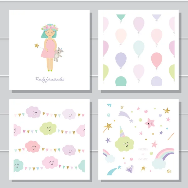 Lindos dibujos animados sin costura patrones y plantillas conjunto. Para ropa de niños, pijamas, diseño de cumpleaños o baby shower . — Vector de stock