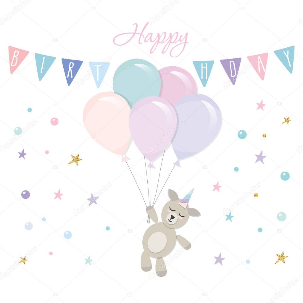 Little unicorn birthday or baby shower card template. Cute cartoon character. Vector illustration
