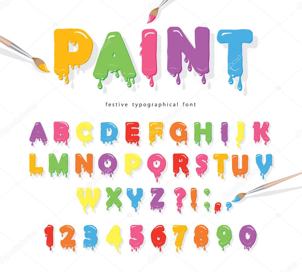 Paint flowing colorful font. Cute funny cartoon letters and numbers. Vector.