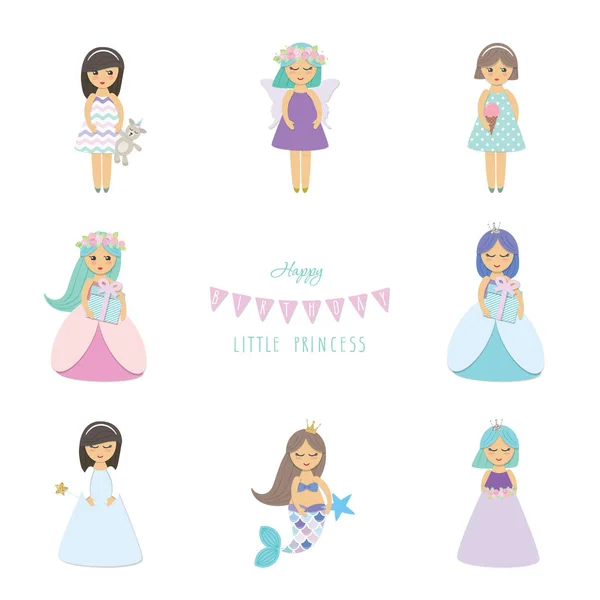 Lindas niñas, princesa, sirena, ángel, personajes de dibujos animados de hadas conjunto aislado en blanco . — Archivo Imágenes Vectoriales