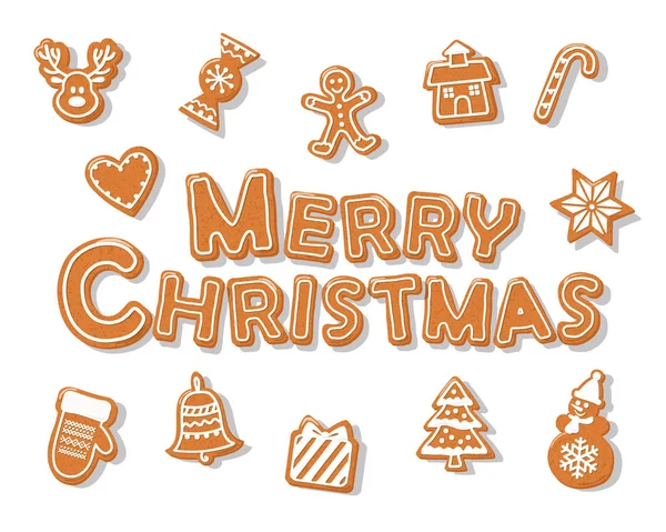 Merry Christmas Peperkoek Cookie Hand Getekende Letters Vector — Stockvector