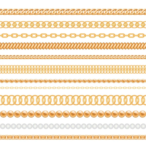 Sada zlaté řetězy a lana izolované na bílém. Bezproblémové kartáče pro design. — Stockový vektor