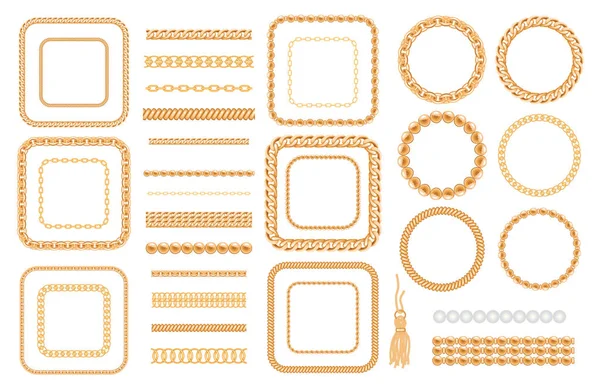 Set of gold chains and ropes isolated on white. Jewelry decorative elements. Seamless brushes for design. — Stock Vector