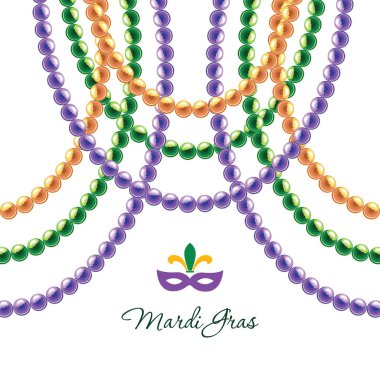 Mardi Gras boncuk boncuk kolye dekoratif şablon üzerinde beyaz izole. Yağ Salı Karnavalı. Vektör