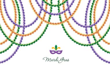 Beyaz izole Mardi Gras boncuk çelenk yatay dekoratif şablonu. Yağ Salı Karnavalı. Vektör