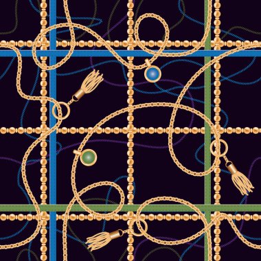 Zincirler, kemer, kolye ve püsküllü ile Seamless modeli. Renkli moda takı kumaş, eşarp, kravat tasarımı için yazdırma. Derin mavi renk. Vektör