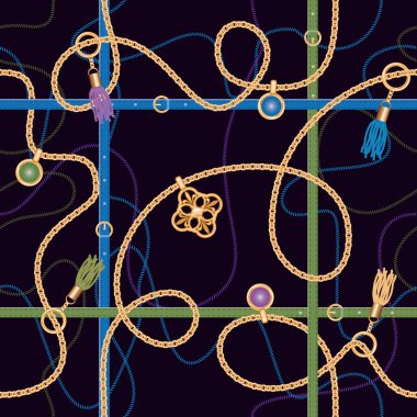 Zincirler, kemer, kolye ve püsküllü ile Seamless modeli. Renkli moda takı kumaş, eşarp, kravat tasarımı için yazdırma. Derin mavi renk. Vektör