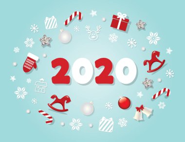 2020 Yeni yıl şablonu. Noel sevimli dekoratif unsurlar.