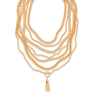 Altın Zincir kolye arka plan. Takı modaya uygun şablonu. Dekoratif tasarım öğeleri. Giysiler yazdırma için kullanılabilir.