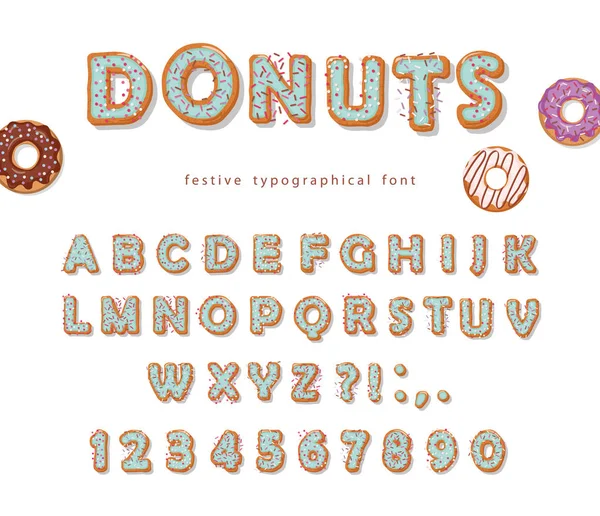 Donuts police décorative dessinée à la main. Dessin animé lettres douces et des chiffres. Design mignon pour les filles. Fête d'anniversaire . — Image vectorielle