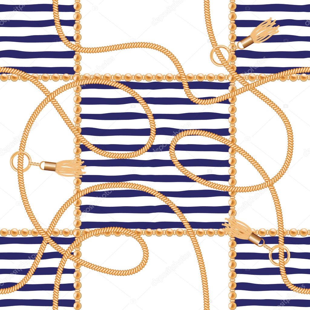 Chains, tassels and ropes marine seamless pattern for summer fabric design. Vacation seaside holidays theme.