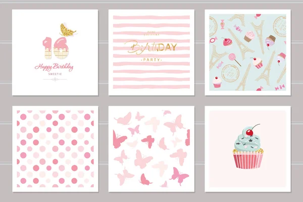 Cartões de aniversário para adolescentes. Incluindo padrões sem costura em rosa pastel. Doce 16, borboletas, cupcake, bolinhas, Torre Eiffel, despojado . —  Vetores de Stock
