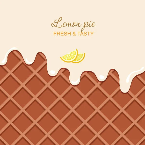 Crema de vainilla derretida sobre fondo de oblea de chocolate con texto de muestra. Tarta de limón . — Vector de stock