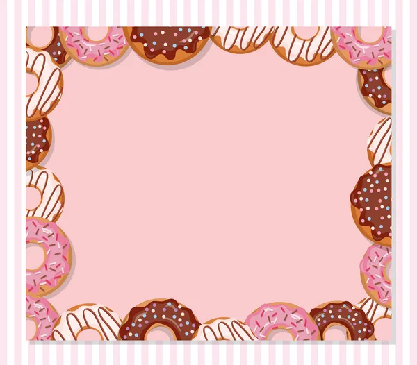 Γλυκό πρότυπο σχεδιασμού αρτοποιείου. Κινούμενα σχέδια ντόνατ κορνίζα σε παστέλ ροζ. — Διανυσματικό Αρχείο