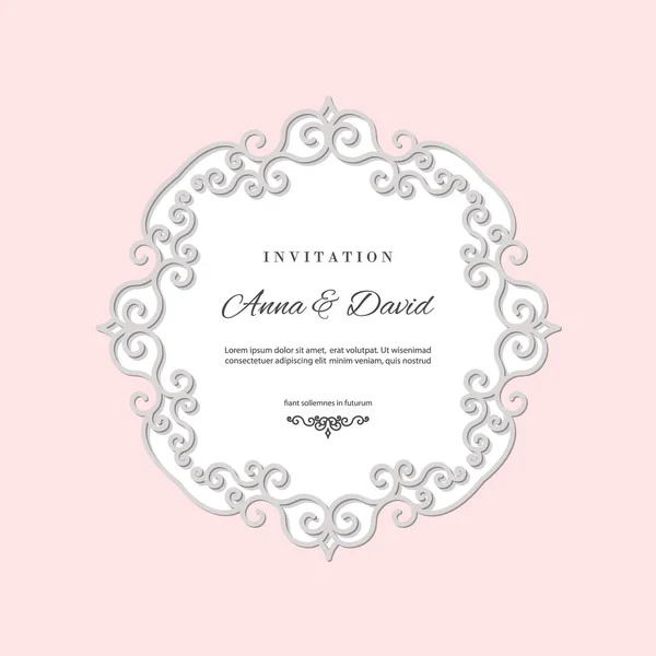 Esküvői meghívó mintanyomtatvány lézeres vágás filigrán kerettel. Pasztell rózsaszín és fehér színben. — Stock Vector