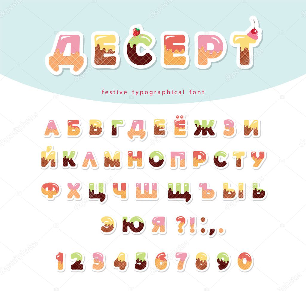 Sweet cyrillic font. Paper cut out letters and numbers can be used for birthday card, baby shower, Valentines day, sweets shop, girls magazine, collages. Isolated.