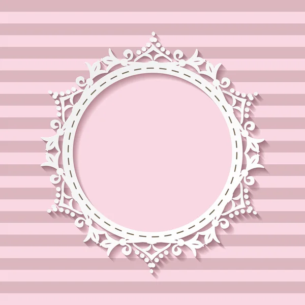 Lindo marco de fotos de corte de papel para niña sobre fondo sin costuras rayadas en colores rosados pastel. Se puede utilizar para la ducha del bebé, tarjetas de felicitación, álbum de recortes, diseño del álbum del bebé . — Vector de stock