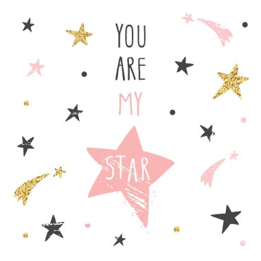İlham verici el yazısı alıntı. Sen benim yıldızımsın. Glitter ile Sevimli komik illüstrasyon, pastel pembe ve siyah yıldız t-shirt tasarımı, kartlar, posterler için kullanılabilir.