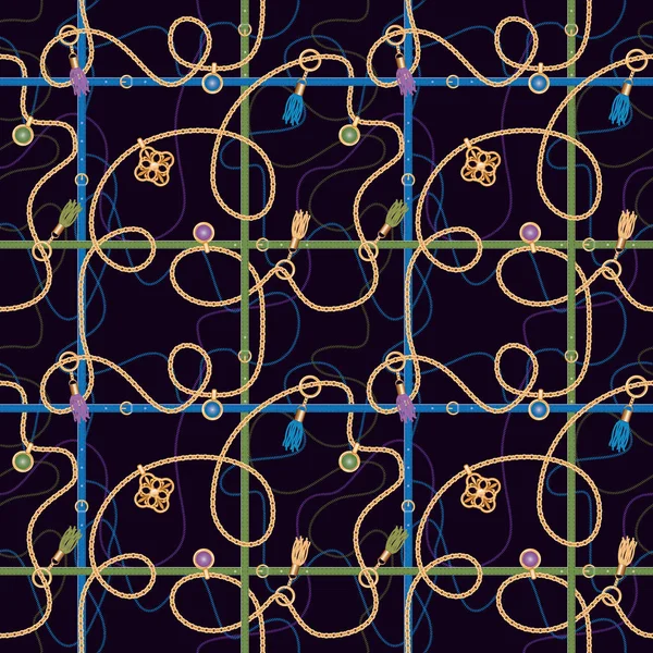 Zincirler, kemerler, kolye ve püsküller ile dikişsiz desen. Kumaş, eşarp, kravat tasarımı için renkli trendy takı baskı. Koyu mavi renk. 