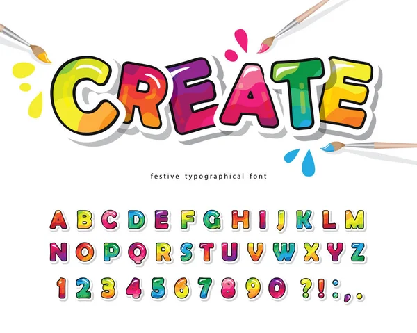 Desenhos animados fonte colorida para crianças. Pintura criativa ABC letras e números. Alfabeto brilhante e brilhante. Papel cortado. Para cartazes, banners, cartões de aniversário. Vetor — Vetor de Stock