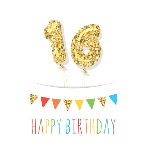 Sixteen cute birthday card template. Gold glitter balloon numbers 16. Vector — Stock Vector