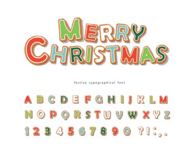 Noel Gingerbread Cookie yazı tipi. Tatil için el çizilmiş karikatür renkli alfabe. Bisküvi harfleri ve numaraları. Vektör
