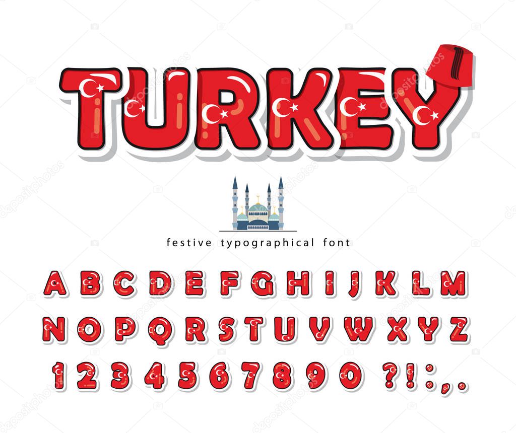 Turkey cartoon font with decorative elements. Turkish national flag colors. Paper cutout glossy ABC letters and numbers. Bright alphabet for tourism design. Vector