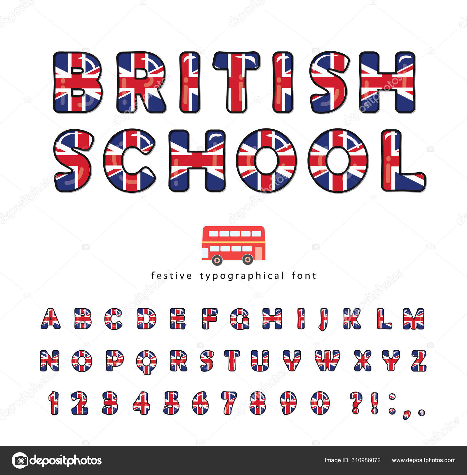 英国学校字体。 大不列颠及北爱尔兰联合王国国旗颜色。 语言课程或旅游设计用明亮的英文字母. B.病媒图库矢量图©cutelittlethings  310986072