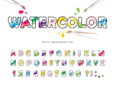 Suluboya çizgi film yazı tipi. Yaratıcı sanatsal alfabe. Posterler, afişler, çocuk sanat stüdyosu tasarımı için. Vektör