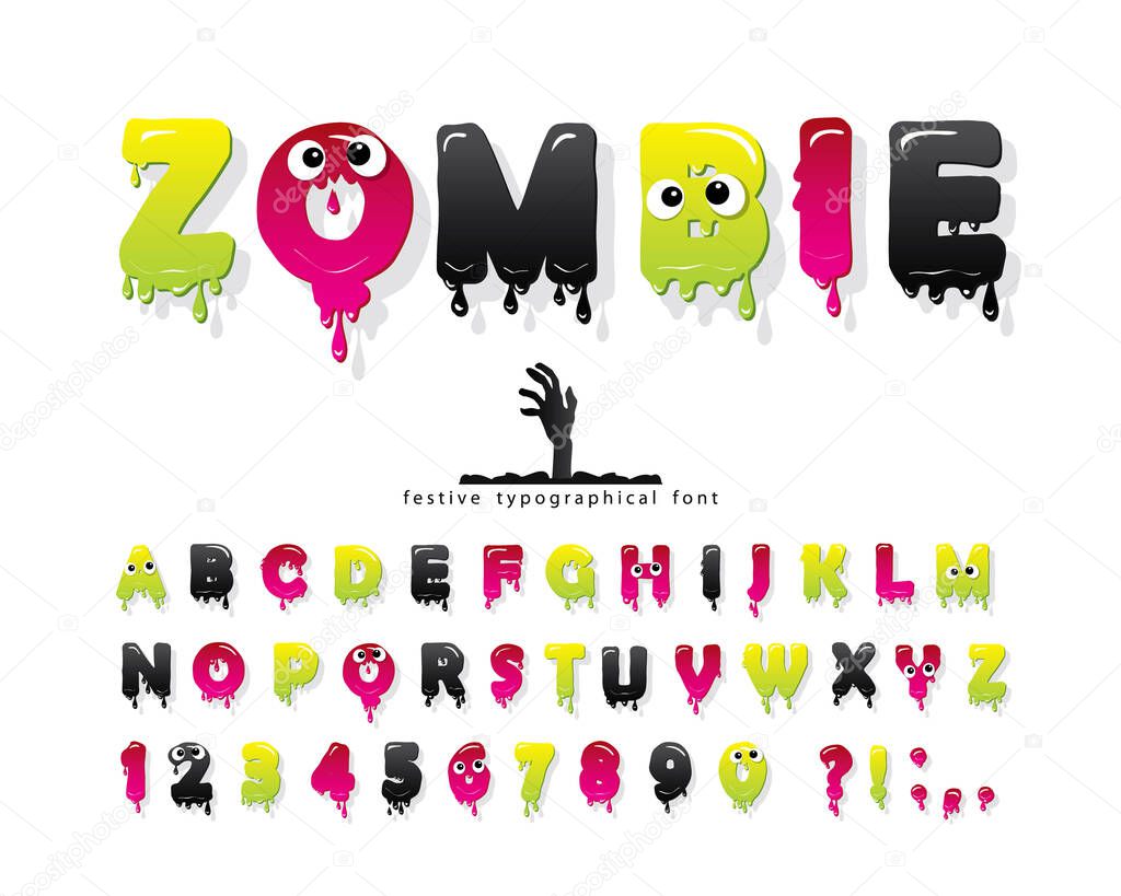 Zombie halloween font. Jelly slim colorful letters and numbers. Creative scary alphabet isolated on white. Vector