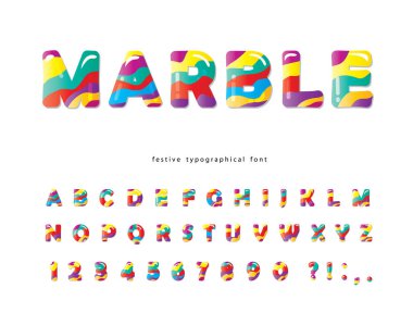 Renkli sanatsal yazı tipi. Mermer desenli, yaratıcı alfabe. Posterler, afişler, sanat etkinlikleri tasarımı için çok renkli üç boyutlu harfler ve numaralar. Vektör