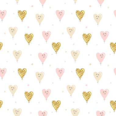 Kawaii kalp balonları pürüzsüz bir arka plan. Altın parıltısı, pastel pembe ve bej rengi. Sevgililer günü için, doğum günü, bebek partisi, tatil tasarımı. Raster.