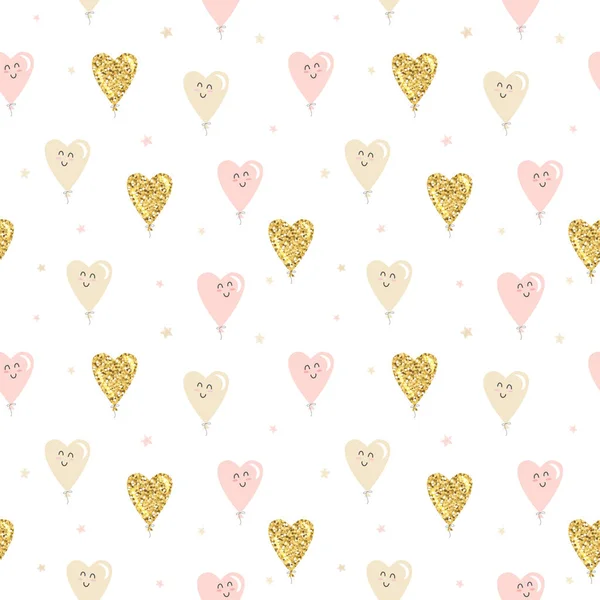 Kawaii心脏气球无缝图案背景。 金光闪闪，柔和的粉色和米黄色。 情人节，生日，婴儿浴室，假日设计。 雷斯特 — 图库照片