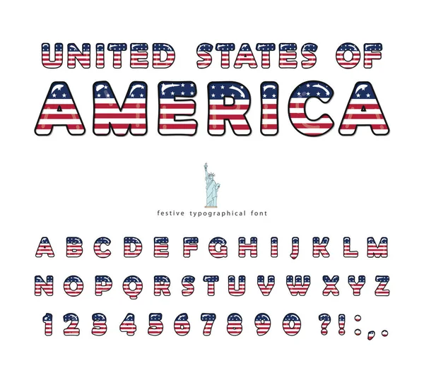 Usa cartoon font. Vereinigte Staaten von Amerika Nationalflagge Farben. Buchstaben und Zahlen ausschneiden. helles Alphabet für das Tourismusdesign. die Freiheitsstatue. Vektor — Stockvektor