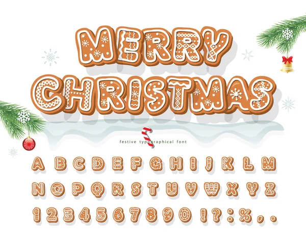 クリスマスジンジャーブレッドクッキーフォント 伝統的な装飾的なアルファベットを廃止 手描きの漫画カラフルな文字 数字や休日のデザインのための記号 ベクターイラスト — ストックベクタ
