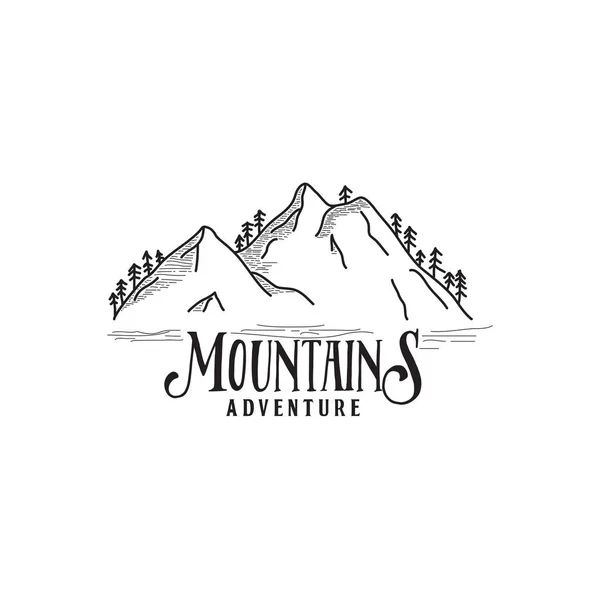 Montagne aventure rétro hipsters logo design, ligne art extérieur logo modèle — Image vectorielle