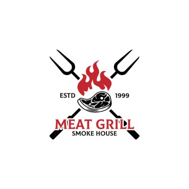 Et Logosu Logo Şablonu, Izgara ve Bar Ateşli, etli, Izgara Çatallı