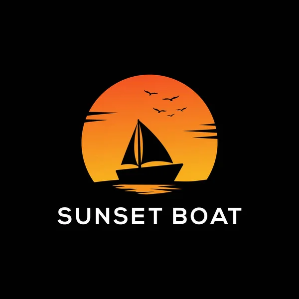 Sunset Boat Silhouette Logo Design Dark Backgrounds Sailboat Vector Sign — Stock Vector